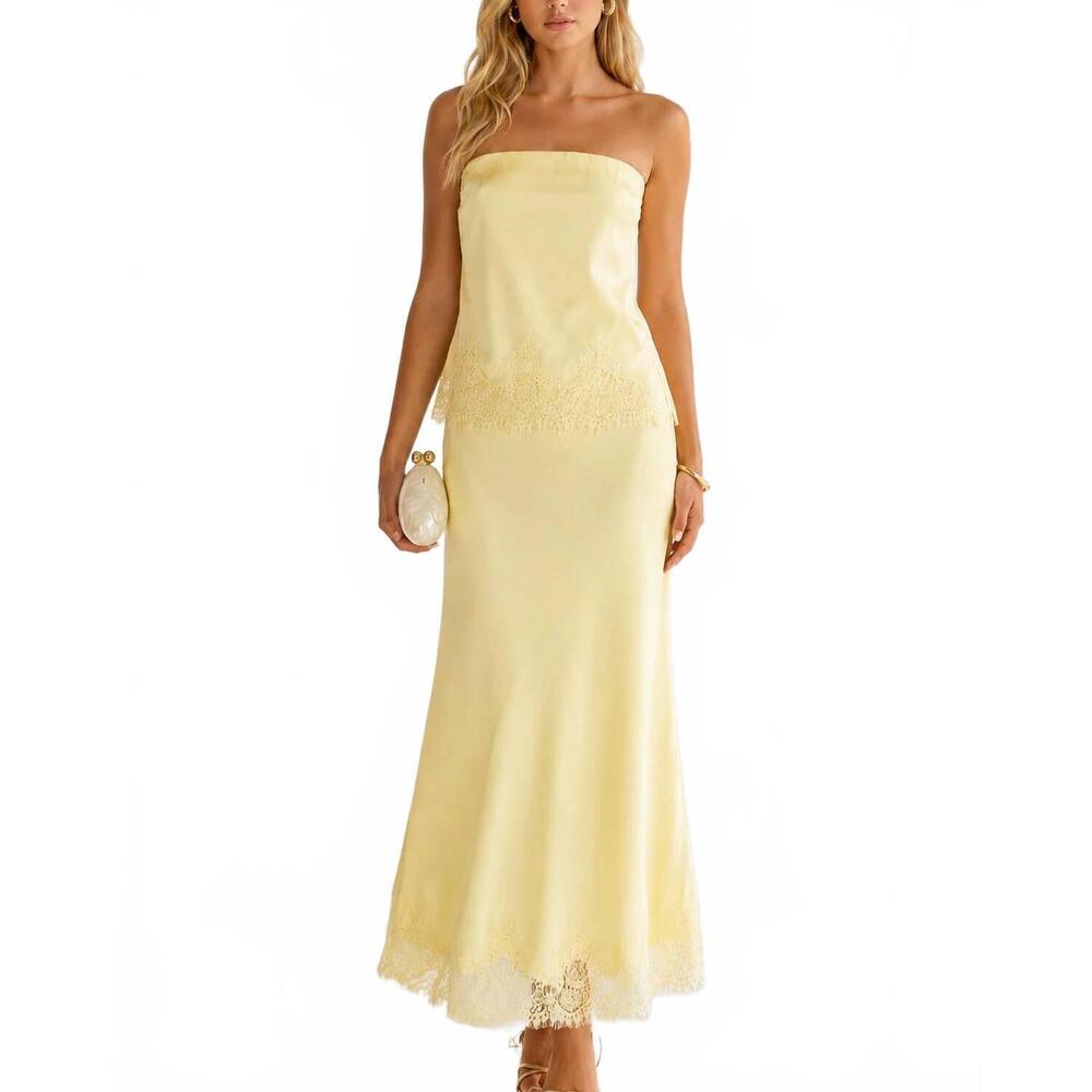 NEW ENDLESS ROSE isla sunset strapless satin top and skirt set in yellow